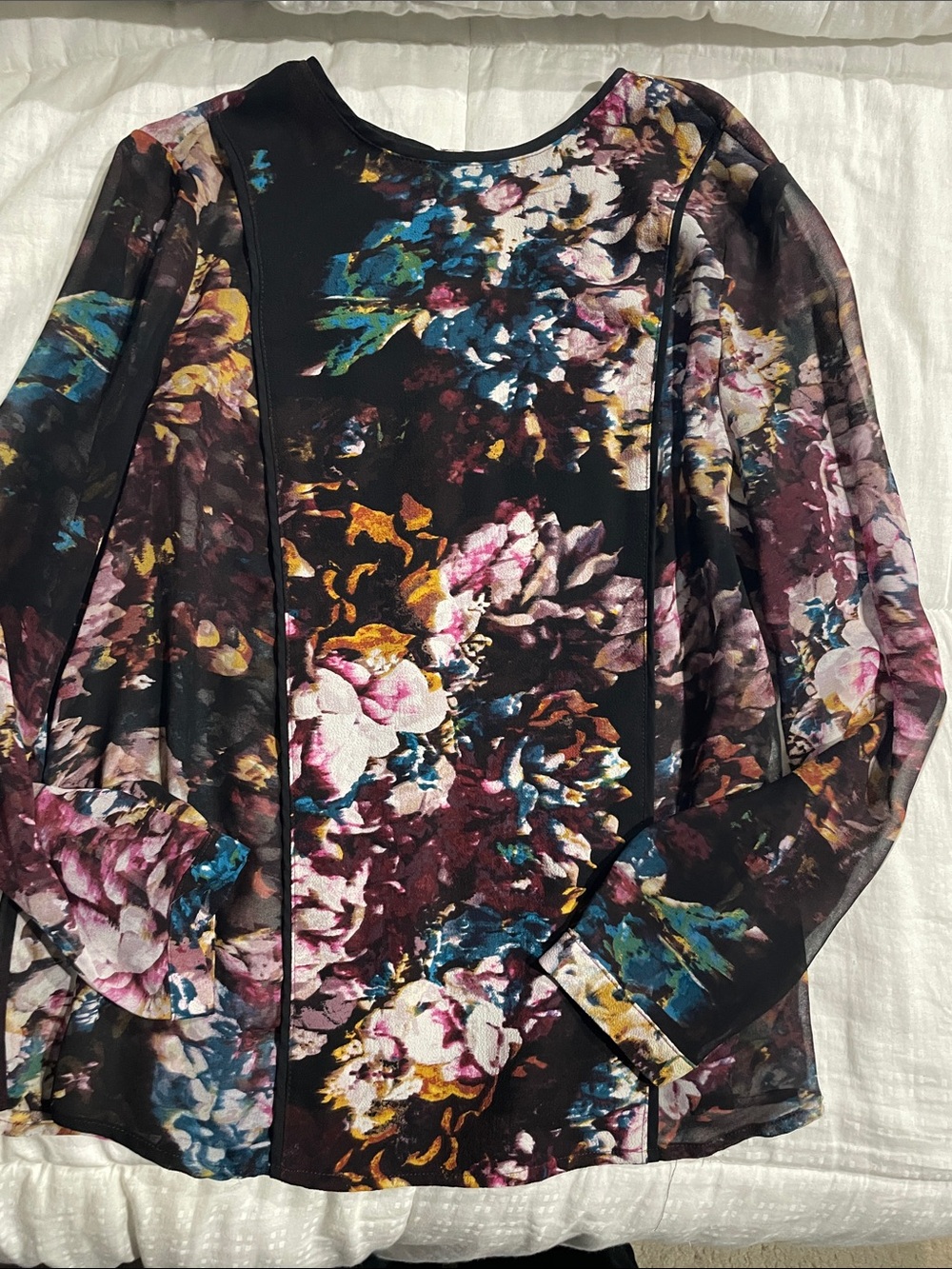 Who What Wear Black Multi Floral Long-Sleeve Scoop Neck Top